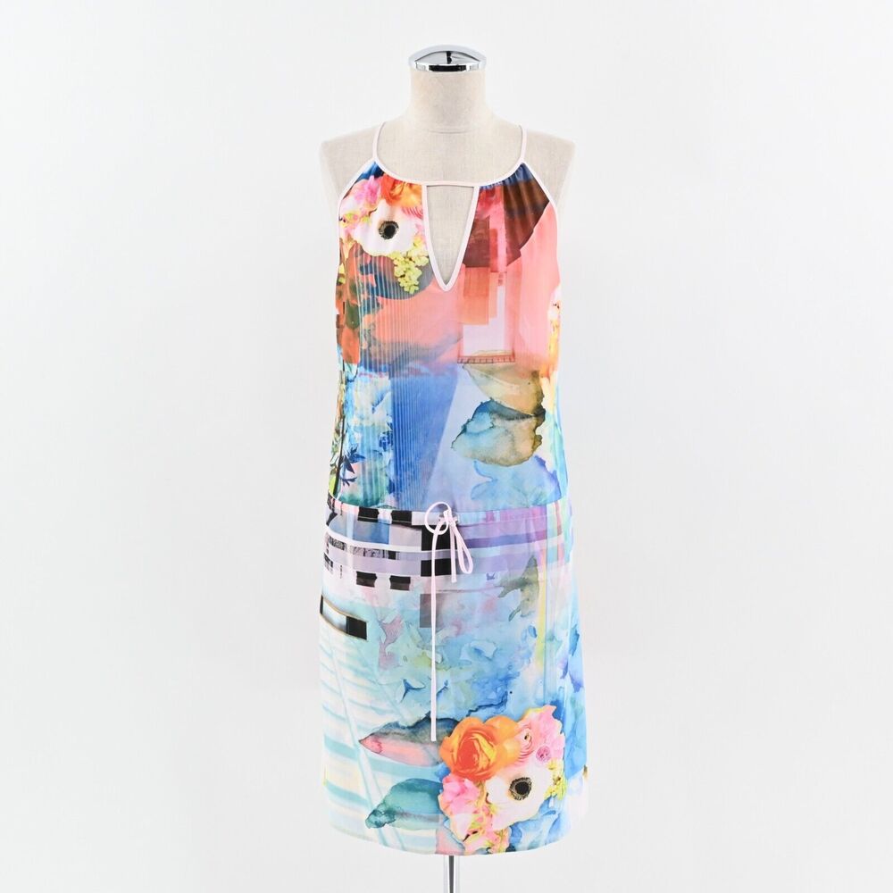CLOVER CANYON Dress‎ Size S Fluorescent Rose Print Mini Sleeveless Tie Waist
